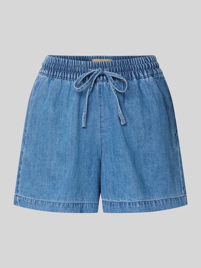 Produktfoto, Shorts mit elastischer Bund und Kordelzug Modell 'RUE' von JJXX aus blauem Baumwoll-Leinen-Mix, Loose Fit, französische Eingrifftaschen, sichtbare Gesäßtaschen, strukturierte Oberfläche, Fokus auf Material und Details.