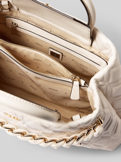 Produktfoto, Handtasche in Leder-Optik Modell 'Maxine' von GUESS mit geteiltem Hauptfach, Reißverschluss, abnehmbarem Schulterriemen, logodetail, beige und goldfarbene Akzente, Maße: 36x24x12 cm, schouderband 120 cm