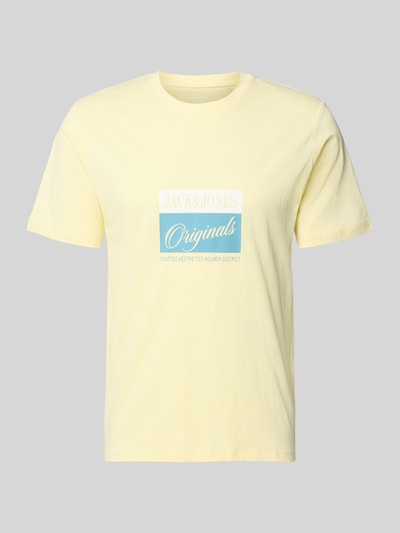 Produktfoto, T-Shirt mit Statement-Print Modell 'RHYERES' von Jack & Jones in Hellgelb, reine gewachste Baumwolle, Regular-Fit, Rundhalsausschnitt
