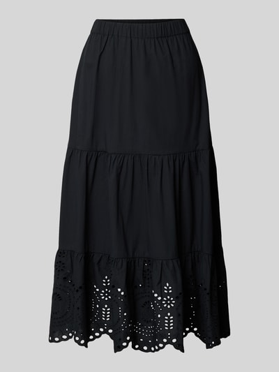 Produktfoto, schwarzer Midirock mit Lochstitching von Christian Berg Woman Selection aus reiner Baumwolle, A-Linie, elastischer Bund.