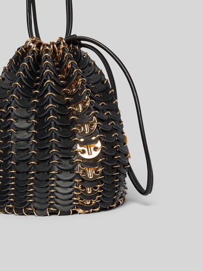 Produktfoto, Bucket Bag mit Gliederketten von Rabanne mit Zugband, Hauptfach, Schulterriemen, Label-Detail, 23x23x15 cm, schwarze und goldene Gliederketten-Optik