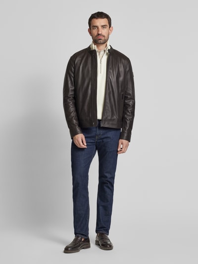 Strellson Slim Fit leren jack met ritszakken, model 'JACE' Donkerbruin - 1