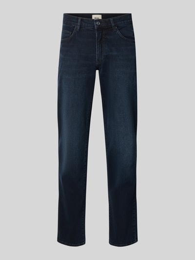 Produktfoto, dunkelblaue Straight Fit Jeans aus Baumwoll-Mix Modell 'Cadiz' von Brax, glatte Textur, dezentes Whiskering-Effekt. Herren Straight Fit Jeans von Brax