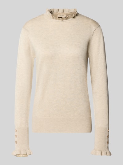 Produktfoto, Strickpullover mit Stehkragen und Rüschen Modell 'Katie' von FREE/QUENT, cremefarben, Knöpfe am Ärmel, feine Strickstruktur