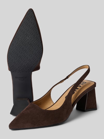 Productfoto, Pumps met blokhak van BIANCO in donkerbruin suède met spitse neus, elastische band, hakhoogte maat 40: 7 cm