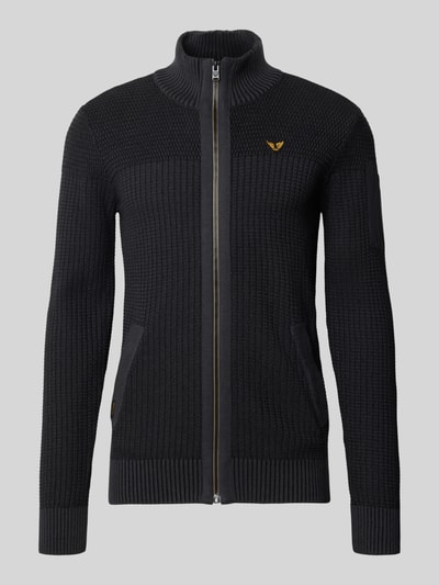 Produktfoto, Regular Fit Strickjacke aus reiner Baumwolle mit Label-Stitching von PME Legend, dunkel, Stehkragen, strukturierte Oberfläche