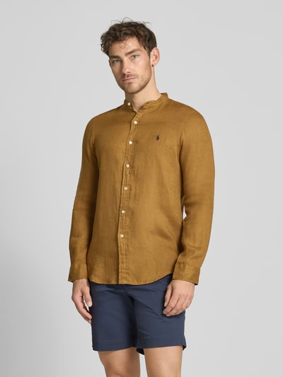 Polo Ralph Lauren Slim Fit Leinenhemd mit Stehkragen Dunkelbraun 4