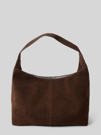 Produktfoto, Handtasche mit Tragehenkel von Mango aus braunem Rindsleder, rechteckig, glatte Oberfläche, silberner Reißverschluss.
