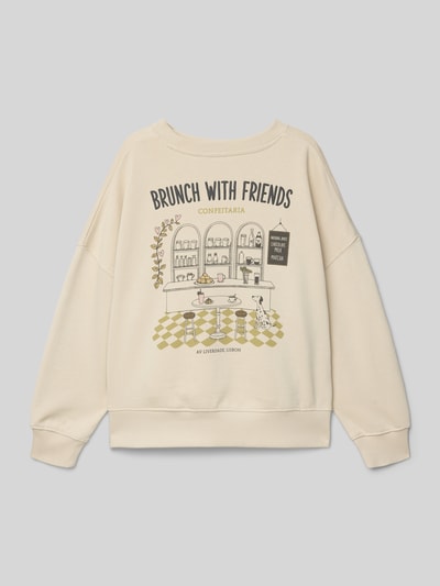 Produktfoto, Oversized Sweatshirt mit Motiv-Print Modell 'Portuset' von Mango aus reiner Baumwolle, cremefarben, Statement-Print, Rundhalsausschnitt, elastische Abschlüsse