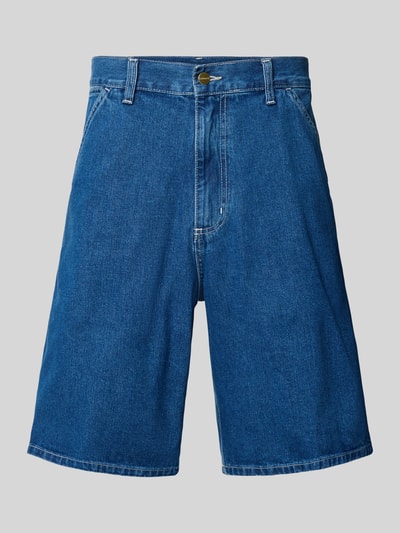 Produktfoto, Jeansshorts mit Eingrifftaschen Modell 'Norco' von Carhartt Work In Progress, Reine Baumwolle, Relaxed-Fit, mittleres Blau, sichtbare Nähte, Bundweite bei Größe 32: 45 cm, Innenbeinlänge bei Größe 32: 27 cm.