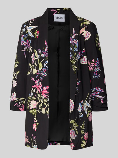 Produktfoto, Regular Fit Longblazer mit Allover-Muster Model 'BOSELLA' von Pieces, efekt: wzór na całej powierzchni, tkana faktura, kolor czarny z wielokolorowym kwiatowym wzorem, kołnierz z połami, poduszki na ramionach, rękaw o dł. 3/4, zakończenie rękawów marszczone.