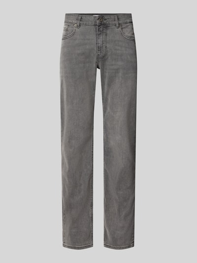 Produktfoto, Slim Fit Jeans aus elastischem Baumwoll-Mix mit Gürtelschlaufen von REVIEW, graue Farbe, 5-Pocket-Design, glatte Struktur.