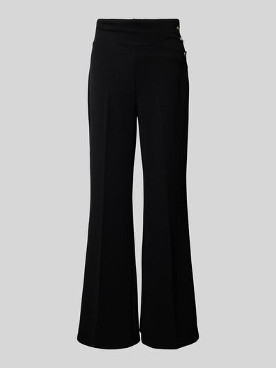 Produktfoto, Flared Cut Hose mit Knöpfen von Rinascimento, schwarze Damenhose mit Stretch-Anteil, glatte Struktur, frontal fotografiert.
