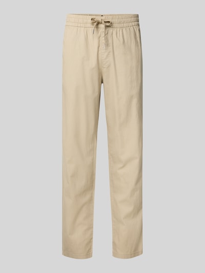 Produktfoto, Straight Fit Leinenhose mit elastischem Bund Modell 'Barton' von Matinique, mieszanka lnu i bawełny, krój straight fit, elastyczny pas z tunelem, kieszenie z tyłu, szerokość w rozmiarze M: 34 cm, długość wewnętrzna nogawki w rozmiarze M: 78 cm, jasnobeżowy kolor, gładka faktura