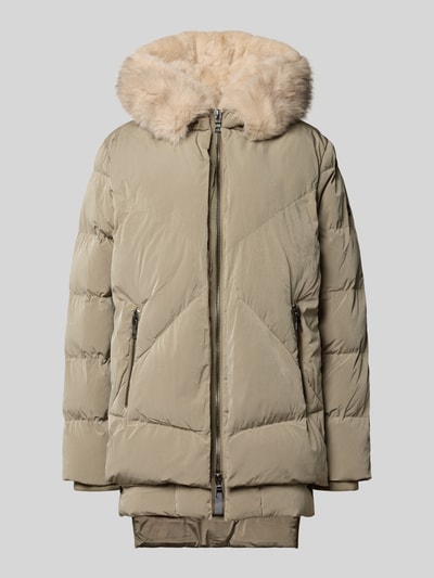Produktfoto, beiger Steppmantel mit Kunstfellbesatz Modell 'FROST' von Blonde No. 8, Zweiwege-Reißverschluss, Taschen, glatte Oberfläche