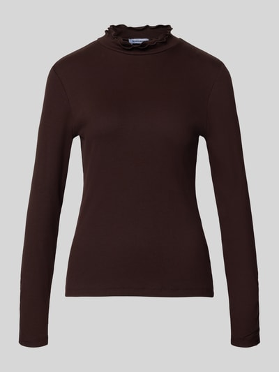 Produktfoto, Slim Fit Longsleeve aus Baumwoll-Mix von MORE in Dunkelbraun, elastischer Stoff, Stehkragen mit Strukturmuster, Damenmode
