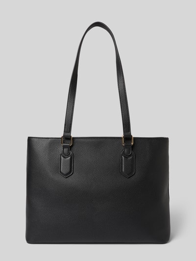 Produktfoto, schwarze Shopping Bag mit Logo-Applikation Modell 'Brixton' von VALENTINO BAGS aus Leder-Optik mit Strukturmuster, schmale Trageriemen, Hauptfach mit Reißverschluss, Maße ca. 26x27x15 cm, Länge Schulterriemen ca. 65 cm.