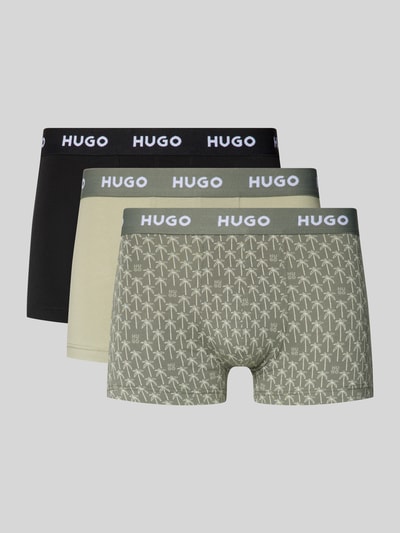 Produktfoto, Slim Fit Trunks aus Baumwoll-Mix im 3er-Pack Modell 'TRUNK TRPLET DESIGN' von HUGO, efekt: jednolity kolor, krój slim fit, z napisem z logo, ściągacz: elastyczny, wielopak: 3 szt., wykończenie materiału: dżersej ze streczem, materiał: mieszanka bawełny