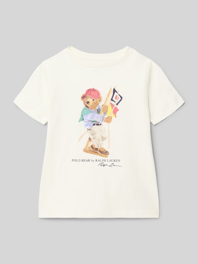 Produktfoto, weißes Regular Fit T-Shirt aus reiner Baumwolle von Polo Ralph Lauren Kids, Motiv-Print, Label-Schriftzug, fein gerippte Textur