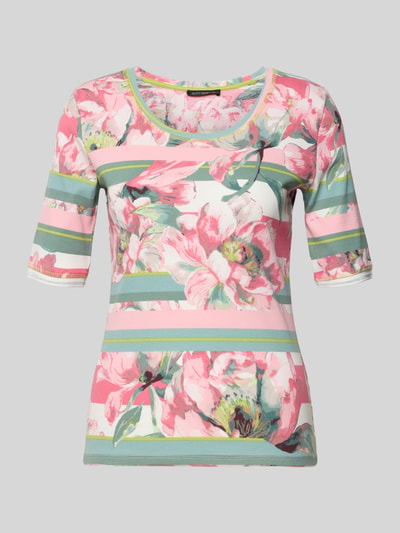 Produktfoto, T-Shirt mit floralem Allover-Print von Betty Barclay, różowy i zielony wzór kwiatowy, krój slim fit, bawełniana elastyczna mieszanka, okrągły dekolt, półrękaw, długość tyłu w rozmiarze 36: 58 cm