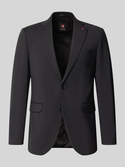 Produktfoto, czarne Slim Fit 2-Knopf-Sakko aus Woll-Elasthan-Mix Modell 'Colvin' von CG – CLUB of GENTS, gładka faktura, patki, kontekst: krój slim fit, wełna z elastanem, kołnierz z klapami, kieszenie z patkami, długość pleców w rozmiarze 50: 73 cm, szerokość w rozmiarze 50: 44 cm, długość rękawa w rozmiarze 50: 65 cm