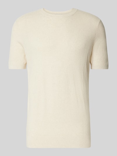 Produktfoto, T-Shirt aus Baumwoll-Leinen-Mix von Profuomo in Beige, schlichte Struktur, Slim Fit, Rundhalsausschnitt, glatte Oberfläche