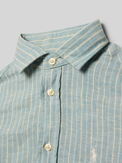 Produktfoto, Regular Fit Freizeithemd aus reinem Leinen von Polo Ralph Lauren Kids in Hellblau mit cremefarbenen Streifen, Haifischkragen, Logo-Detail, Flammgarn-Struktur.
