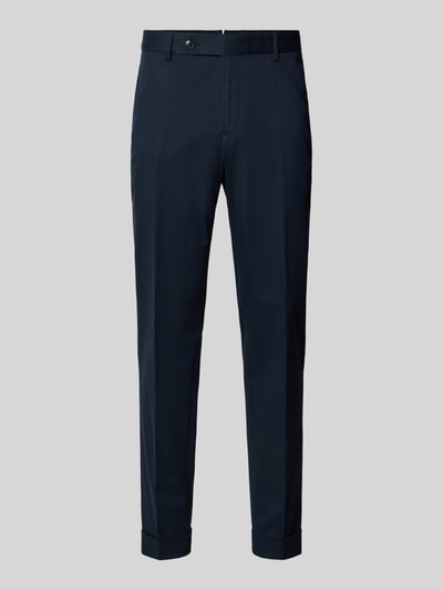 Produktfoto, Slim Fit Hose aus Baumwoll-Mix Modell 'H-GENIUS' von BOSS, efekt: jednolity kolor, krój slim fit, kanty, aplikacja z metką, wpuszczane kieszenie i kieszenie z tyłu, zapięcie na guzik i kryty zamek błyskawiczny, wykończenie materiału: splot twill, mieszanka bawełny
