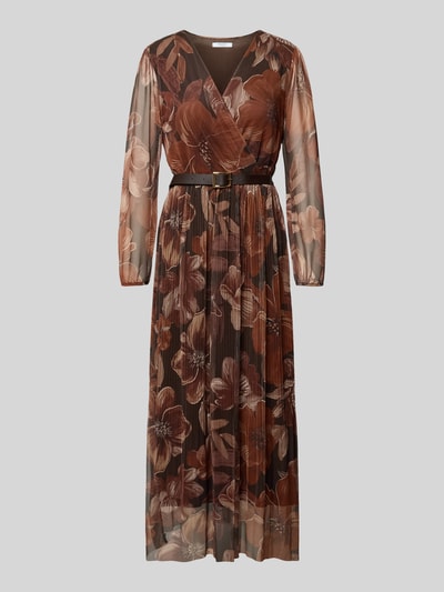 Produktfoto, maxi-jurk van ZABAIONE Model 'La44uriaa', bruine bloemprint, materiaalmix met stretch, getailleerd model, v-hals wikkellook, riem met doornsluiting