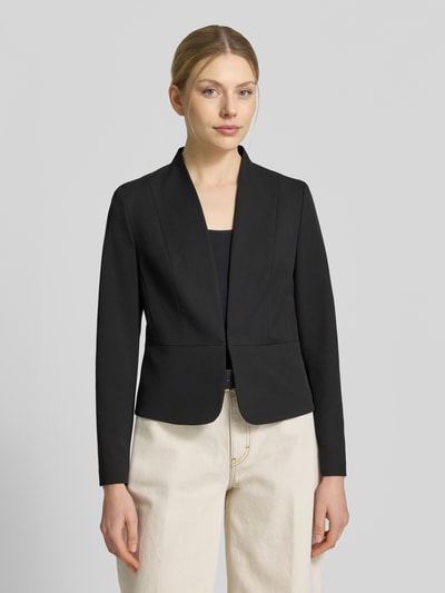 Kobiece modelka nosi Slim Fit Blazer mit Hakenverschluss od Christian Berg Woman Selection, czarny, mieszanka materiałów z dodatkiem wiskozy, dekolt w serek, długość tyłu w rozmiarze 36: 53 cm, szerokość w rozmiarze 36: 46 cm, długość rękawów w rozmiarze 36: 60 cm, krój slim fit, widok całej sylwetki z przodu.