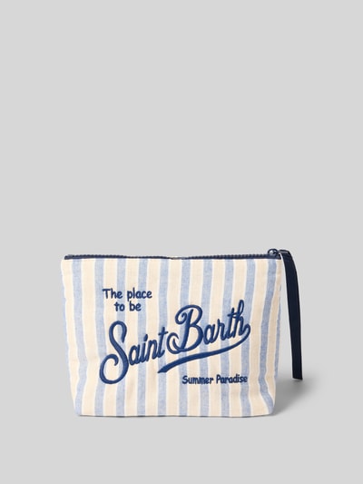 Produktfoto, Tasche mit Logo-Stitching Modell 'Aline' von MC2 Saint Barth aus reiner Baumwolle mit Streifenmuster, Hauptfach mit Reißverschluss, Maße: Breite 19 cm, Länge 16 cm, Tiefe 8 cm.