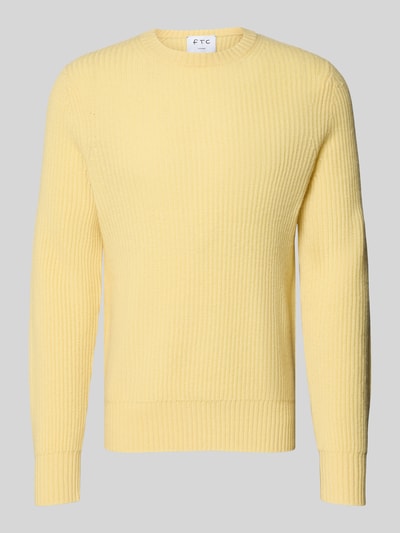 Produktfoto, Strickpullover aus Kaschmir mit Rundhalsausschnitt von FTC Cashmere in Gelb, grob gestrickt, gerader Schnitt, gerippte Details