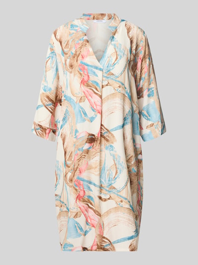 Produktfoto, Tunikakleid aus Viskose mit V-Ausschnitt Modell 'Ge44rdaa' von ZABAIONE, Reine Viskose, Gerader-Schnitt, Allover-Look, 3/4-Arm, Rückenlänge 94 cm, Brustweite 50 cm, Ärmellänge 44 cm, abstrakte Muster in Blau, Beige und Rosa, glatte Textur
