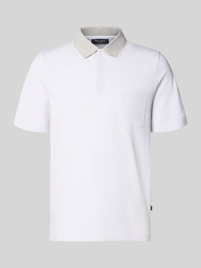 Produktfoto, Regular Fit Poloshirt mit Strukturmuster und Brusttasche von MAERZ Muenchen, biała bawełna, kołnierzyk polo, krótka listwa guzikowa, kieszonka na piersi, label-detail, długość tyłu w rozmiarze 50: 71 cm