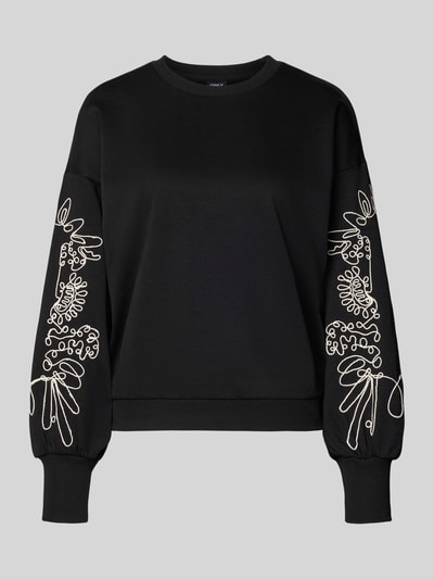 Produktfoto, czarna bluza Relaxed Fit Sweatshirt aus Baumwoll-Mix model 'BROOKE' von ONLY, jasny haft na rękawach, damska bluza ONLY