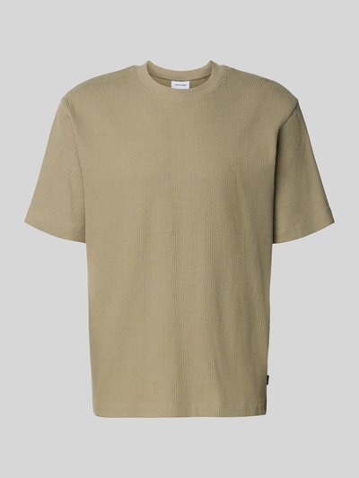 Produktfoto, T-Shirt mit Ripp-Optik Modell 'HARRISON' von JACK & JONES in Beige, reine Baumwolle, lockere Passform, Rundhalsausschnitt, Rückenlänge bei Größe M 68 cm.