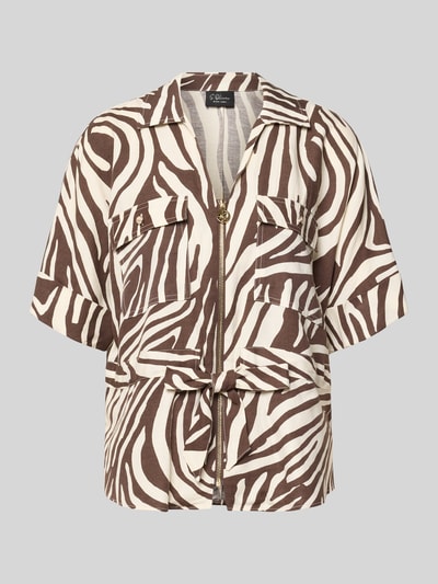 Produktfoto, Regular Fit Kurzblazer aus Lyocell-Mix von s.Oliver BLACK LABEL, beige-braunes Zebramuster, kurzärmelig, mit Bindegürtel, glatte Textur