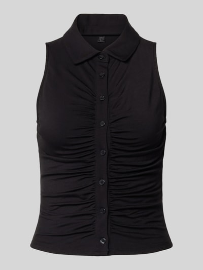Produktfoto, Slim Fit Top aus Lyocell-Mix Modell 'Robyn' von Guess, czarny, guziki, marszczenia, wykładany kołnierz, mieszanka lyocellu