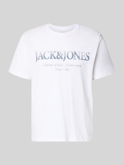 Produktfoto, weißes T-Shirt aus Baumwolle Modell 'DEVIN' von Jack & Jones mit geradem Schnitt, Rundhalsausschnitt und Label-Print