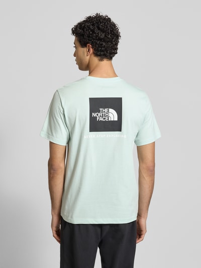Männermodel trägt Regular Fit T-shirt aus katoenmix Model 'EVOLUTION' van The North Face in licht pastelgroen met labeldetail, ruglengte bij maat M 70 cm, Ganzkörperansicht Rückansicht.
