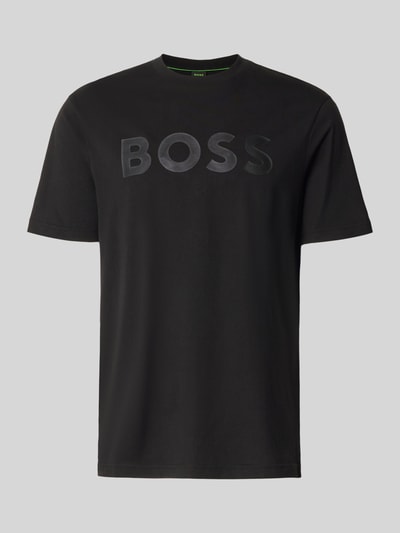 Produktfoto, czarny męski t-shirt z napisem BOSS, gładka struktura, Regular Fit T-Shirt aus reiner Baumwolle Modell 'TS_STRUCTURE LOGO 1027473' von BOSS Green