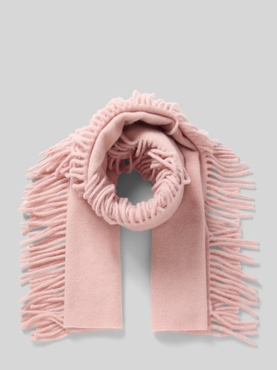Produktfoto, Schal aus Woll-Mix mit Logo-Detail von Marc Cain in zartem Rosa, längliche Form, Zierbesatz und 48 cm Breite, Damen Schal