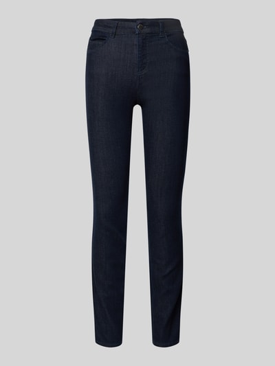 Produktfoto, Slim Fit Jeans aus Viskose-Mix im 5-Pocket-Design von Emporio Armani in dunklem Blau, elastischer Viskose-Mix mit Lyocell-Anteil, Slim-Fit-Schnitt, Knopf- und Reißverschluss, Bundweite 35 cm und Innenbeinlänge 80 cm bei Größe 27, glatte Textur und klassisches 5-Pocket-Design.