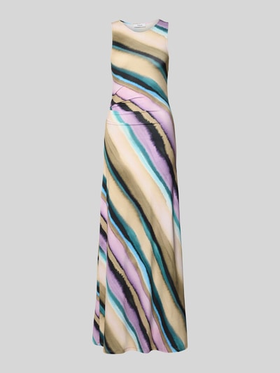 Produktfoto, Slim Fit Maxikleid Modell 'Tsane' von Topshop, elastyczny materiał, krój slim fit, marszczenia, bez rękawów, dekolt okrągły, długość pleców w rozmiarze S: 151 cm, szerokość w rozmiarze S: 30 cm, wzór w paski w odcieniach beżu, lila, turkusu i czerni, lekko połyskliwa tekstura