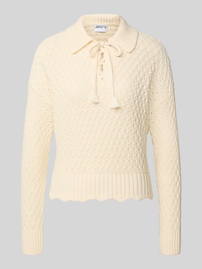 Produktfoto, Strickpullover mit Umlegekragen von Jake*s Casual in Creme, reine Baumwolle, gerader Schnitt, Muschelsaum, feine Strickstruktur