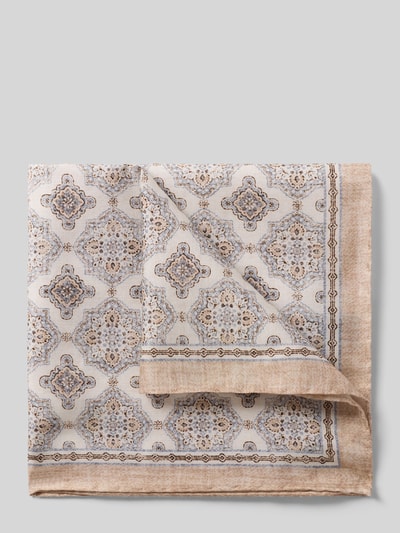 Produktfoto, Einstecktuch mit Seiden-Anteil Modell 'Ornament' von Verugia, Rechteckig, floraler Allover-Print, Baumwoll-Mix mit Seiden-Anteil, beige-braune und blaue Ornamentmuster, feine Struktur