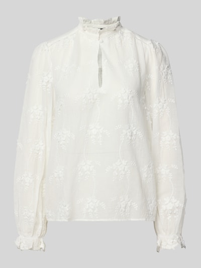 Produktfoto, Regular Fit Bluse mit Schlüsselloch-Ausschnitt von Oui, bawełna, krój regular fit, hafty, stójka, długość tyłu 60 cm, długość rękawów 64 cm