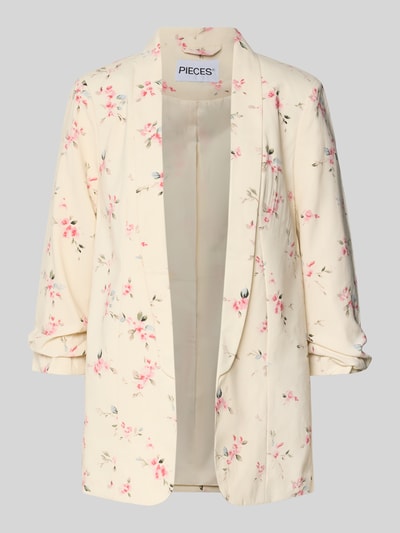 Produktfoto, Regular Fit Longblazer mit Allover-Muster Modell 'BOSELLA' van Pieces, look: all-over motief, pasvorm: regular fit, reverskraag, schoudervullingen, 3/4-mouwen met gerimpelde mouwboord, materiaalverwerking: geweven structuur, crèmekleurig met roze bloemenpatroon.