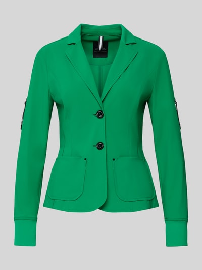 Produktfoto, Blazer mit Knopfverschluss von Marc Cain w zielonym kolorze, materiał z domieszką stretchu, krój slim fit, kieszenie, długość tyłu w rozmiarze 36: 57 cm, szerokość w rozmiarze 36: 48 cm, długość rękawa w rozmiarze 36: 61 cm
