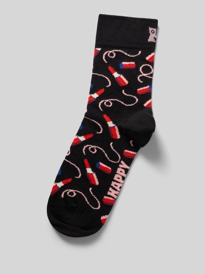 Produktfoto, Socken mit Label-Detail von Happy Socks im schwarzen Allover-Motiv-Print, elastische Rippbündchen, stretchiger Baumwoll-Mix.